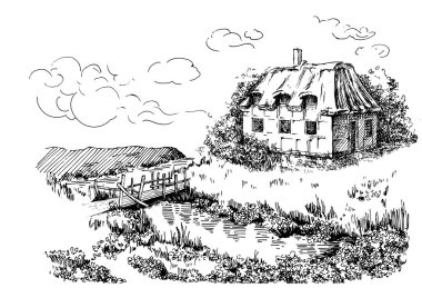 Nehirli kırsal manzara manzarası. Kalem çizimi vektör çizimine çevrildi