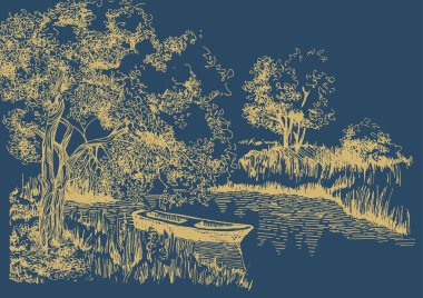 Nehirli kırsal manzara manzarası. Kalem çizimi vektör çizimine çevrildi