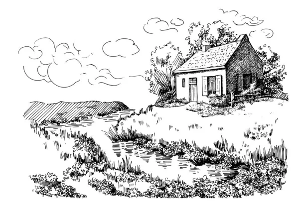 Panorama Paysage Rural Avec Rivière Croquis Stylo Converti Dessin Vectoriel — Image vectorielle