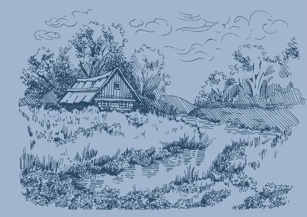 Panorama Krajobrazu Wiejskiego Rzeką Szkic Długopisu Przekształcony Rysunek Wektorowy — Wektor stockowy