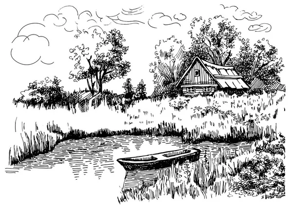 Panorama Krajobrazu Wiejskiego Rzeką Szkic Długopisu Przekształcony Rysunek Wektorowy — Wektor stockowy