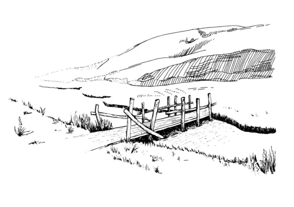 Panorama Der Landschaft Mit Fluss Federzeichnung Vektorzeichnung Umgewandelt — Stockvektor