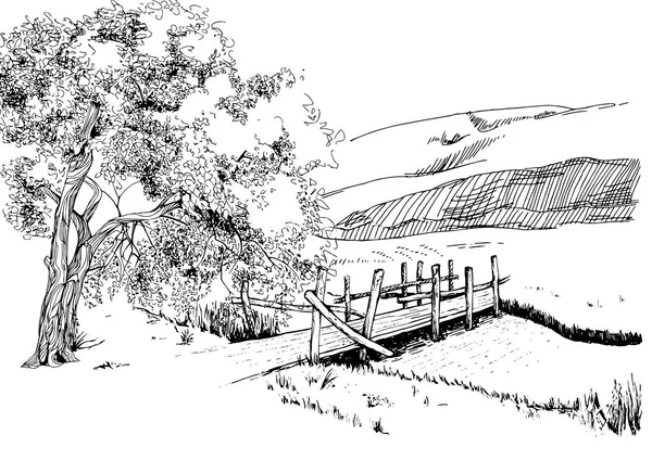 川と田舎の風景のパノラマ ペンスケッチをベクトル図面に変換 — ストックベクタ