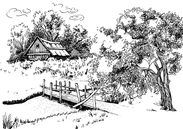 Панорама Загородного Пейзажа Рекой Ручной Эскиз Преобразованный Векторный Рисунок — стоковый вектор