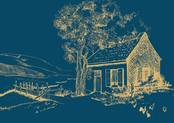 川と田舎の風景のパノラマ ペンスケッチをベクトル図面に変換 — ストックベクタ