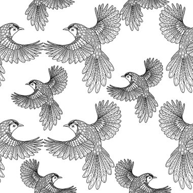 Kuşlarda kusursuz desen. Tekstil arkaplanı, satır grafikleri.
