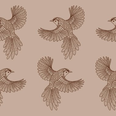 Kuşlarda kusursuz desen. Tekstil arkaplanı, satır grafikleri.