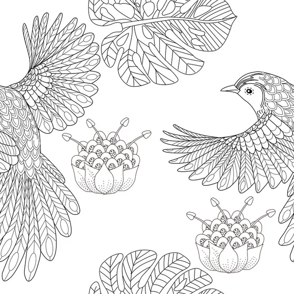 Bezproblémový Vzor Květinami Ptáky Textilní Pozadí Čárová Grafika — Stockový vektor