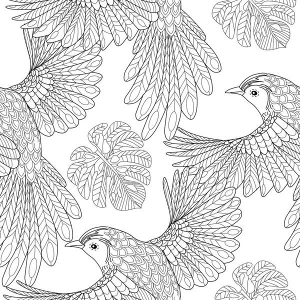 Patrón Sin Costuras Con Flores Pájaros Fondo Textil Gráficos Línea — Archivo Imágenes Vectoriales