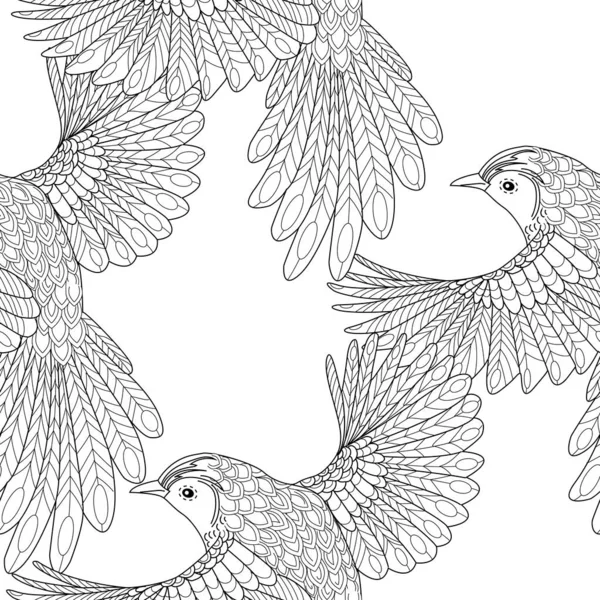 Bezproblémový Vzor Květinami Ptáky Textilní Pozadí Čárová Grafika — Stockový vektor