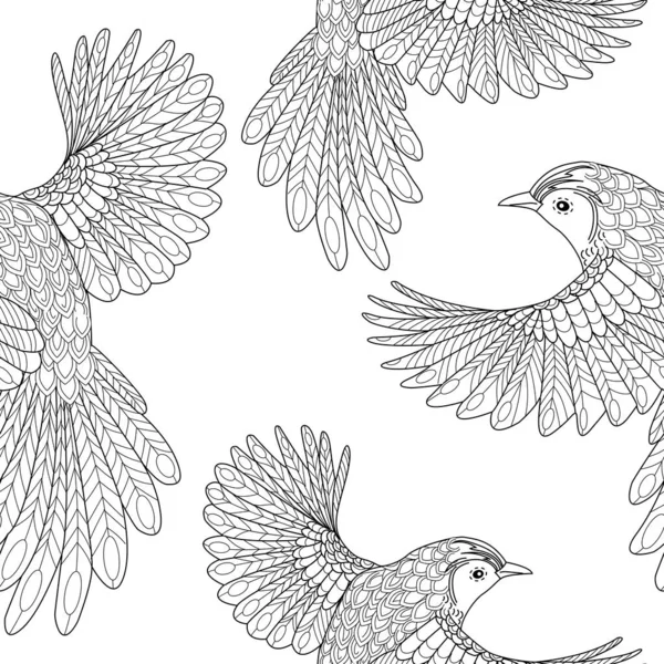 Nahtloses Muster Mit Blumen Und Vögeln Textiler Hintergrund Liniengrafik — Stockvektor