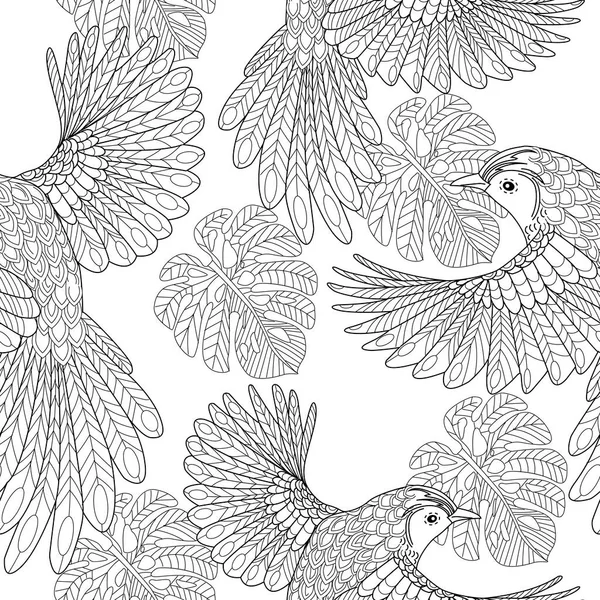 Bezproblémový Vzor Ptáky Listy Textilní Pozadí Čárová Grafika — Stockový vektor