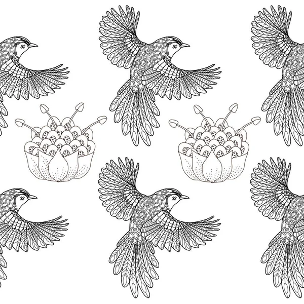 Patrón Sin Costuras Con Pájaros Flores Fondo Textil Gráficos Línea — Archivo Imágenes Vectoriales