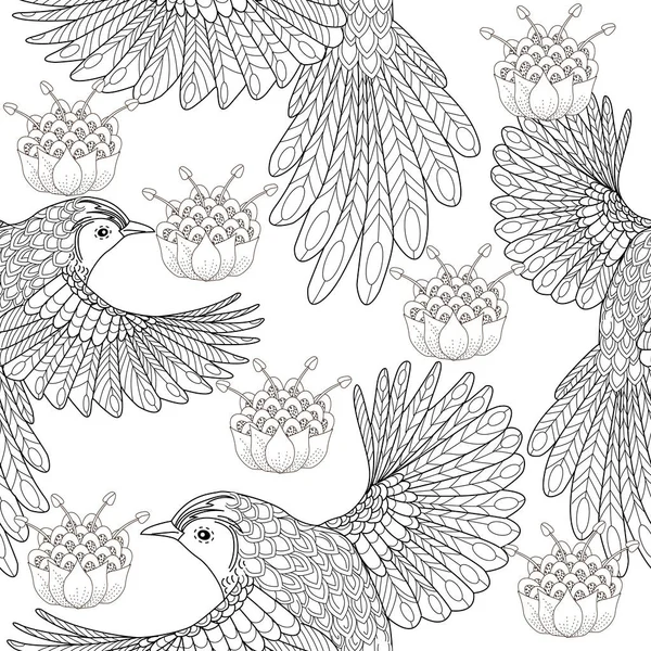 Bezproblémový Vzor Ptáky Květinami Textilní Pozadí Čárová Grafika — Stockový vektor