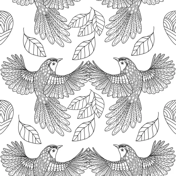 Seamless Pattern Birds Leaves Textile Background Line Graphics — Stock Vector
