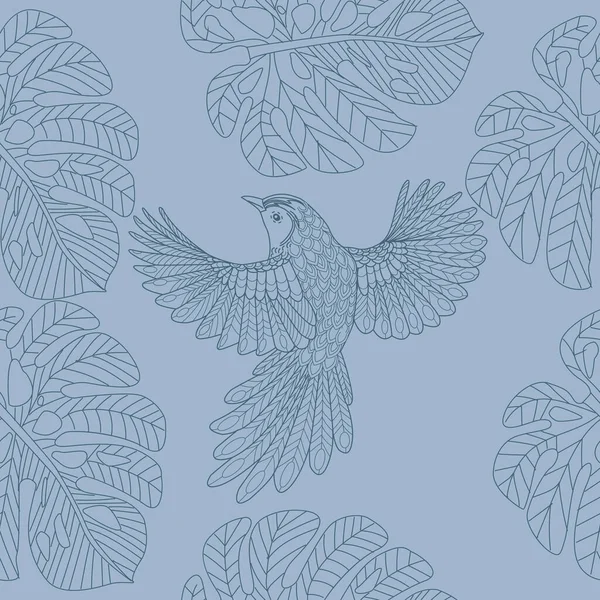 Bezproblémový Vzor Ptáky Listy Textilní Pozadí Čárová Grafika — Stockový vektor