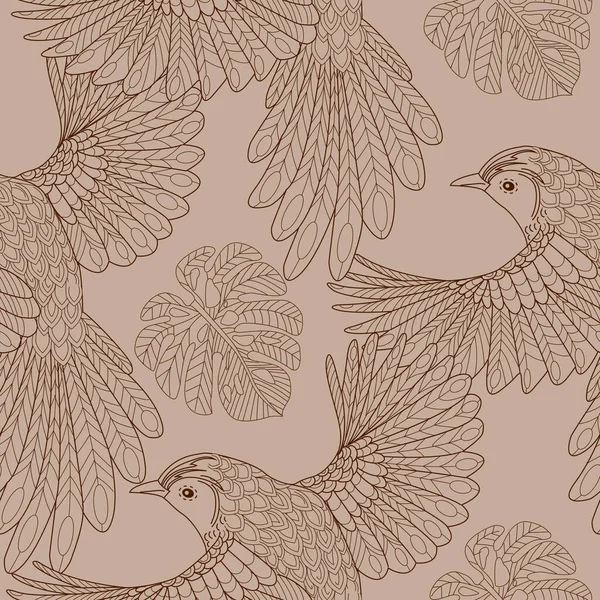 鸟类和树叶构成的无缝图案 纺织品背景 线条图形 — 图库矢量图片