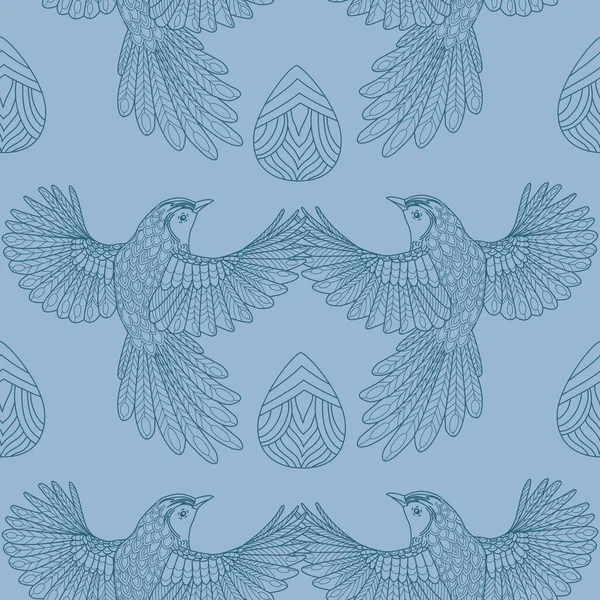 鳥と葉のシームレスなパターン テキスタイルの背景 ライングラフィックス — ストックベクタ