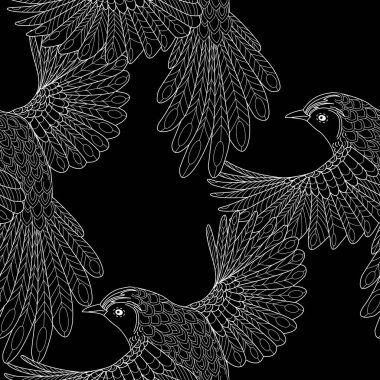 Kuşlarda kusursuz desen. Tekstil arkaplanı, satır grafikleri.