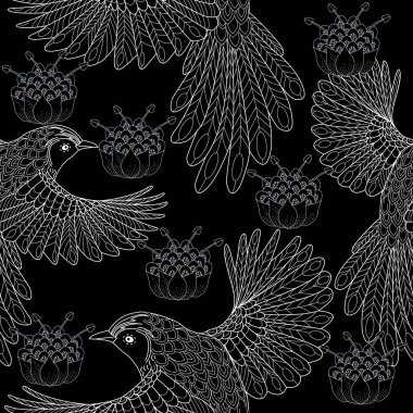 Kuşlar ve çiçeklerle kusursuz desen. Tekstil arkaplanı, satır grafikleri.