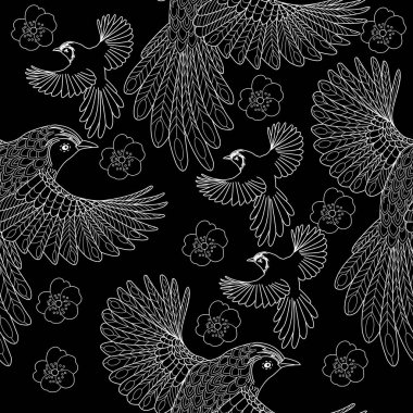 Kuşlar ve çiçeklerle kusursuz desen. Tekstil arkaplanı, satır grafikleri.