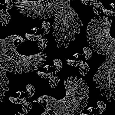 Kuşlarda kusursuz desen. Tekstil arkaplanı, satır grafikleri.