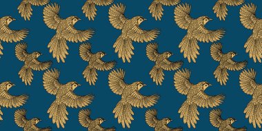 Kuşlarda kusursuz desen. Tekstil arkaplanı, satır grafikleri.