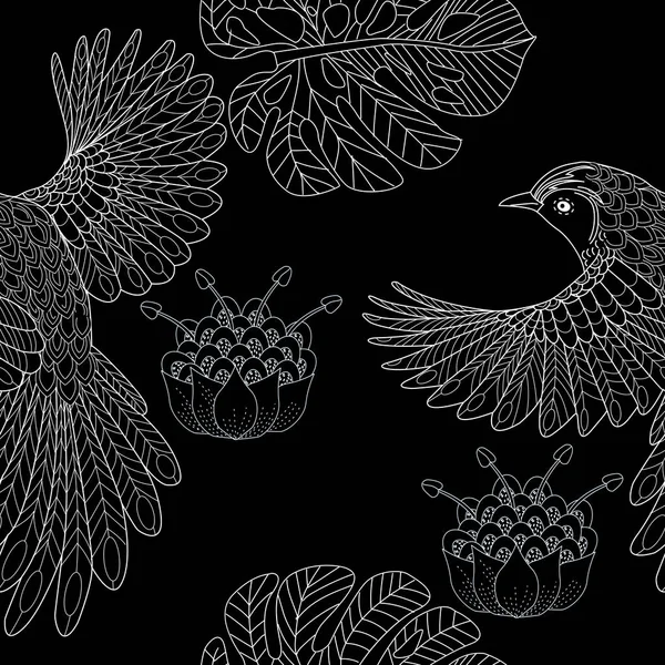 Безшовний Візерунок Птахами Квітами Текстильний Фон Лінія Графіки — стоковий вектор