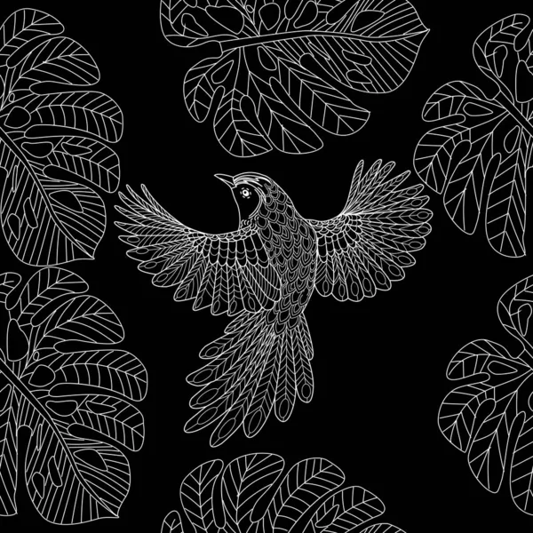 Nahtloses Muster Mit Vögeln Und Blättern Textiler Hintergrund Liniengrafik — Stockvektor