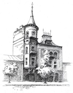 Ev portresi çizimi. Doğrusal el çizimi.