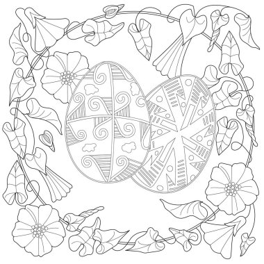 Sanat terapisi boyama sayfası. Bir Paskalya yumurtası ve çiçek tasviri neşeli bir hava yaratır. Yetişkinler ve çocuklar için resim boyama.