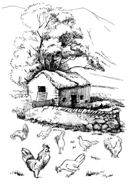 Dağlardaki bir çiftliğin kırsal manzarası. Mürekkep çizimi vektöre çevrildi