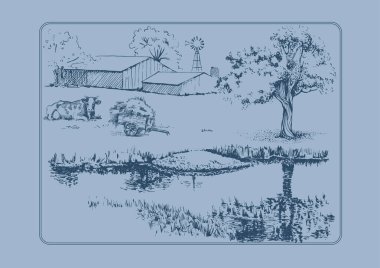 Nehirli kırsal manzara manzarası. Kalem çizimi vektör çizimine çevrildi