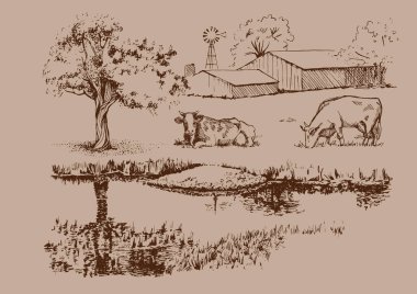 Nehirli kırsal manzara manzarası. Kalem çizimi vektör çizimine çevrildi