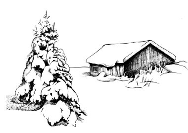 Nehirli kırsal manzara manzarası. Kalem çizimi vektör çizimine çevrildi