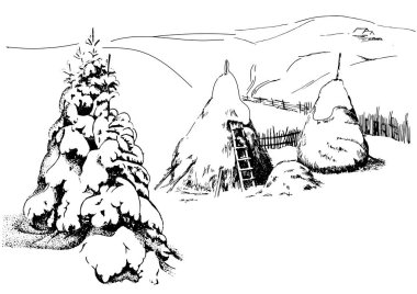 Kış manzarası. Kırsal manzara manzarası. Çizim vektör çizimine çevrildi.