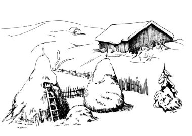 Kış manzarası. Kırsal manzara manzarası. Çizim vektör çizimine çevrildi.