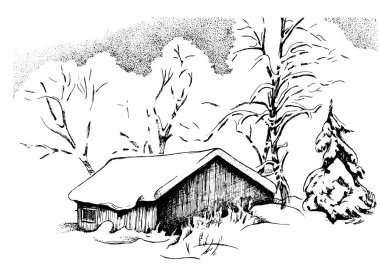 Kış manzarası. Kırsal manzara manzarası. Çizim vektör çizimine çevrildi.