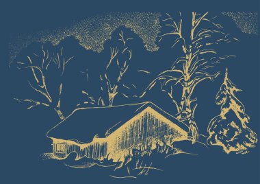 Kış manzarası. Kırsal manzara manzarası. Çizim vektör çizimine çevrildi.