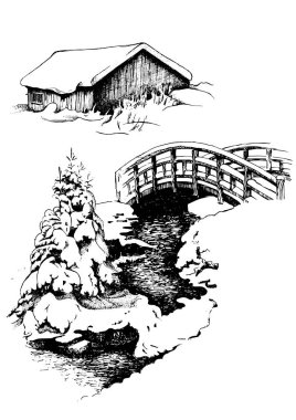 Kış manzarası. Kırsal manzara manzarası. Çizim vektör çizimine çevrildi.