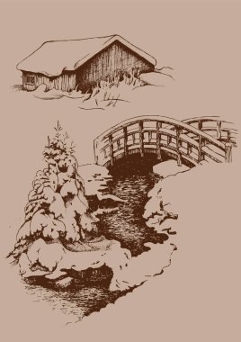 Kış manzarası. Kırsal manzara manzarası. Çizim vektör çizimine çevrildi.