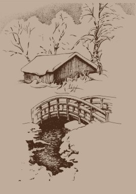 Kış manzarası. Kırsal manzara manzarası. Çizim vektör çizimine çevrildi.