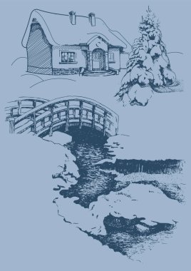 Kış manzarası. Kırsal manzara manzarası. Çizim vektör çizimine çevrildi.