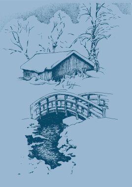 Kış manzarası. Kırsal manzara manzarası. Çizim vektör çizimine çevrildi.