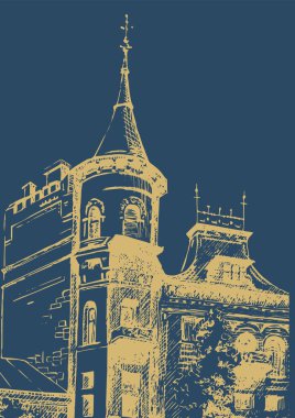 Ev portresi çizimi. Kalem çizimi vektöre çevrildi. Özel bir mülkün mimarisinin görüntüsü..