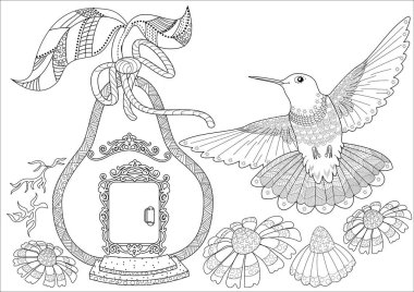 Renklendirme için stres önleyici çizim. Kuş Evi, Çiçekler ve Kuşlar ile resim boyama. Duvar kağıdı, hediye kağıdı, desen dolguları, tekstil, tebrik kartları için sevimli bir arkaplan
