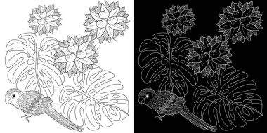 Sanat terapisi boyama sayfası. Çocuklar ve yetişkinler için boyama kitabı antistresi. Kuşlar klasik tarzda çizilmiş. Doğrusal oyma sanatı.