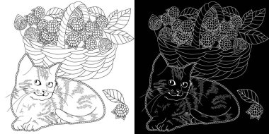 Renklendirme için stres önleyici çizim. Çiçekler ve kedi. Yetişkinler ve çocuklar için boyama kitabı. Duvar kağıdı, hediye kağıdı, desen dolguları, tekstil, tebrik kartları için sevimli bir arkaplan 