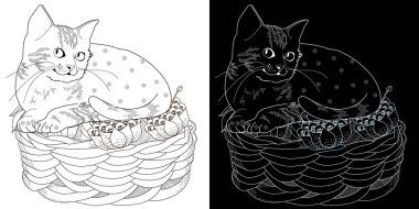 Renklendirme için stres önleyici çizim. Çiçekler ve kedi. Yetişkinler ve çocuklar için boyama kitabı. Duvar kağıdı, hediye kağıdı, desen dolguları, tekstil, tebrik kartları için sevimli bir arkaplan 