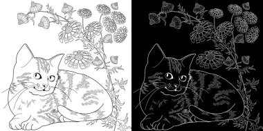 Renklendirme için stres önleyici çizim. Çiçekler ve kedi. Yetişkinler ve çocuklar için boyama kitabı. Duvar kağıdı, hediye kağıdı, desen dolguları, tekstil, tebrik kartları için sevimli bir arkaplan 